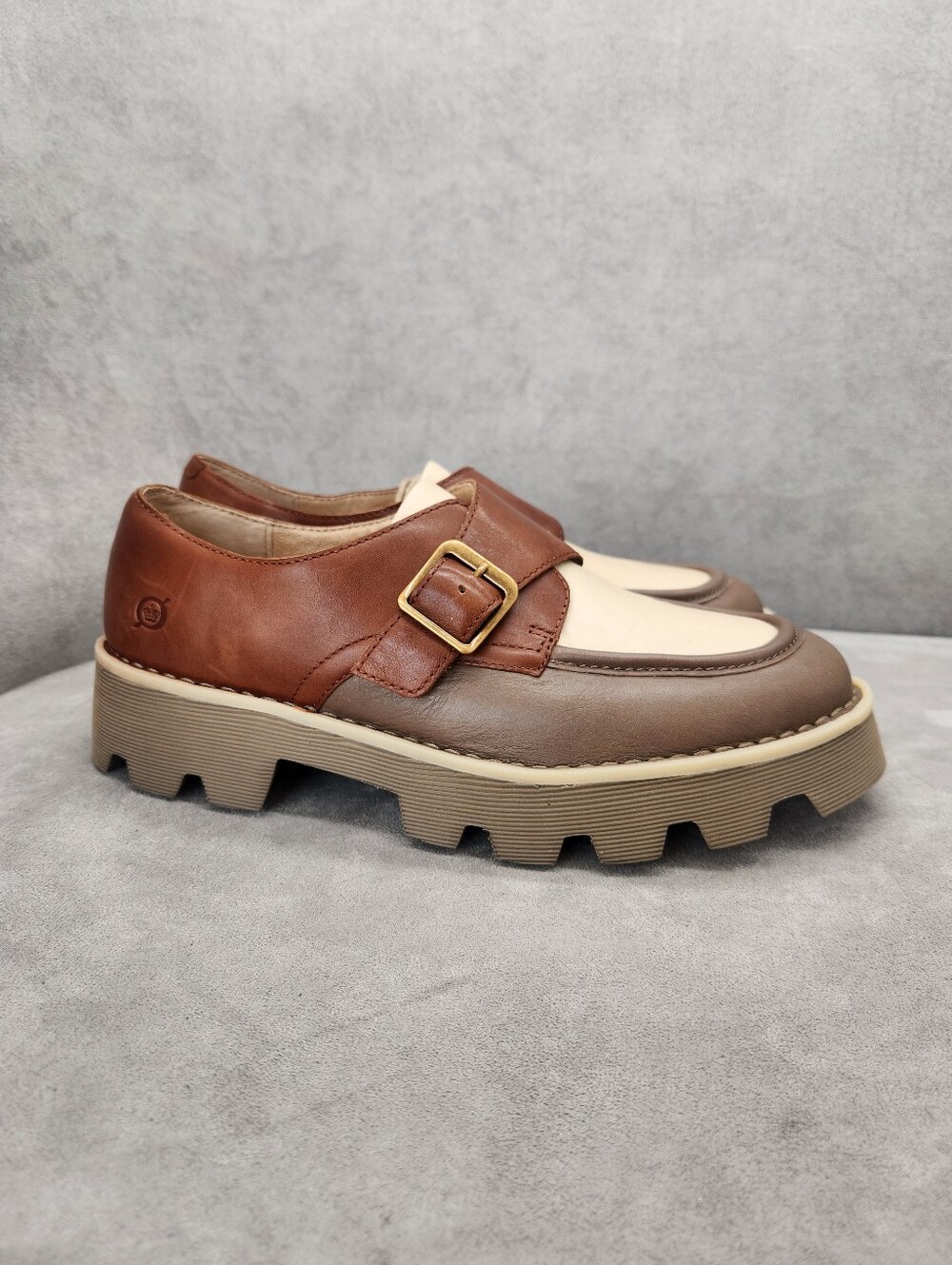 Born Loafers 8 Brown Taupe Cream Leather Sammi Monk Strap Lug Chunky New $170